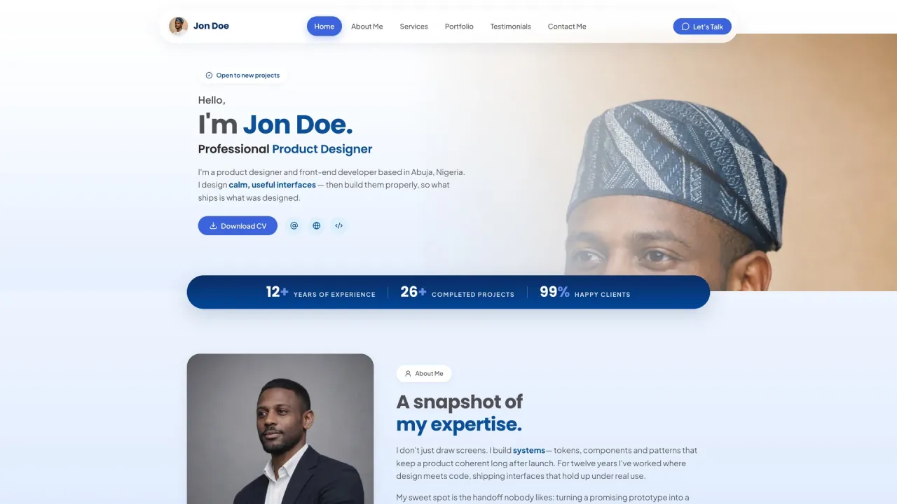 Professional Blue portfolio concept shown on a desktop screen